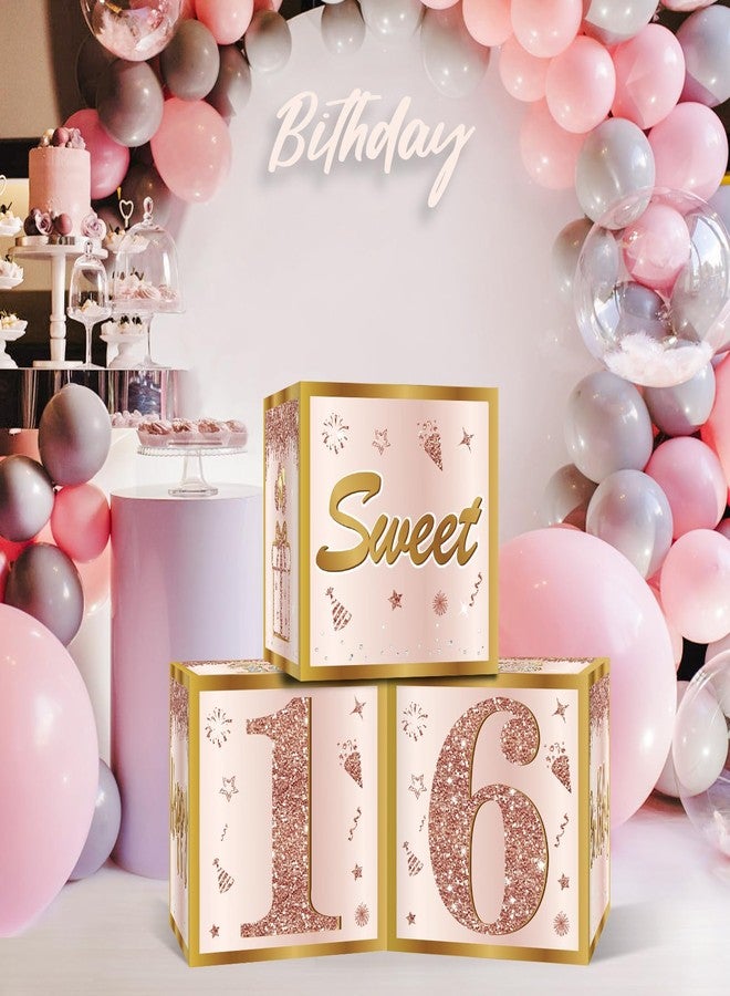 Guiruiy 3Pcs Sweet 16 Party Decorations Boxes for Girls Women, Pink Rose Gold 16th Birthday Balloons Boxes Party Supplies, Pink Sweet Sixteen Bday Theme Cardboard Box Decor - Image 4